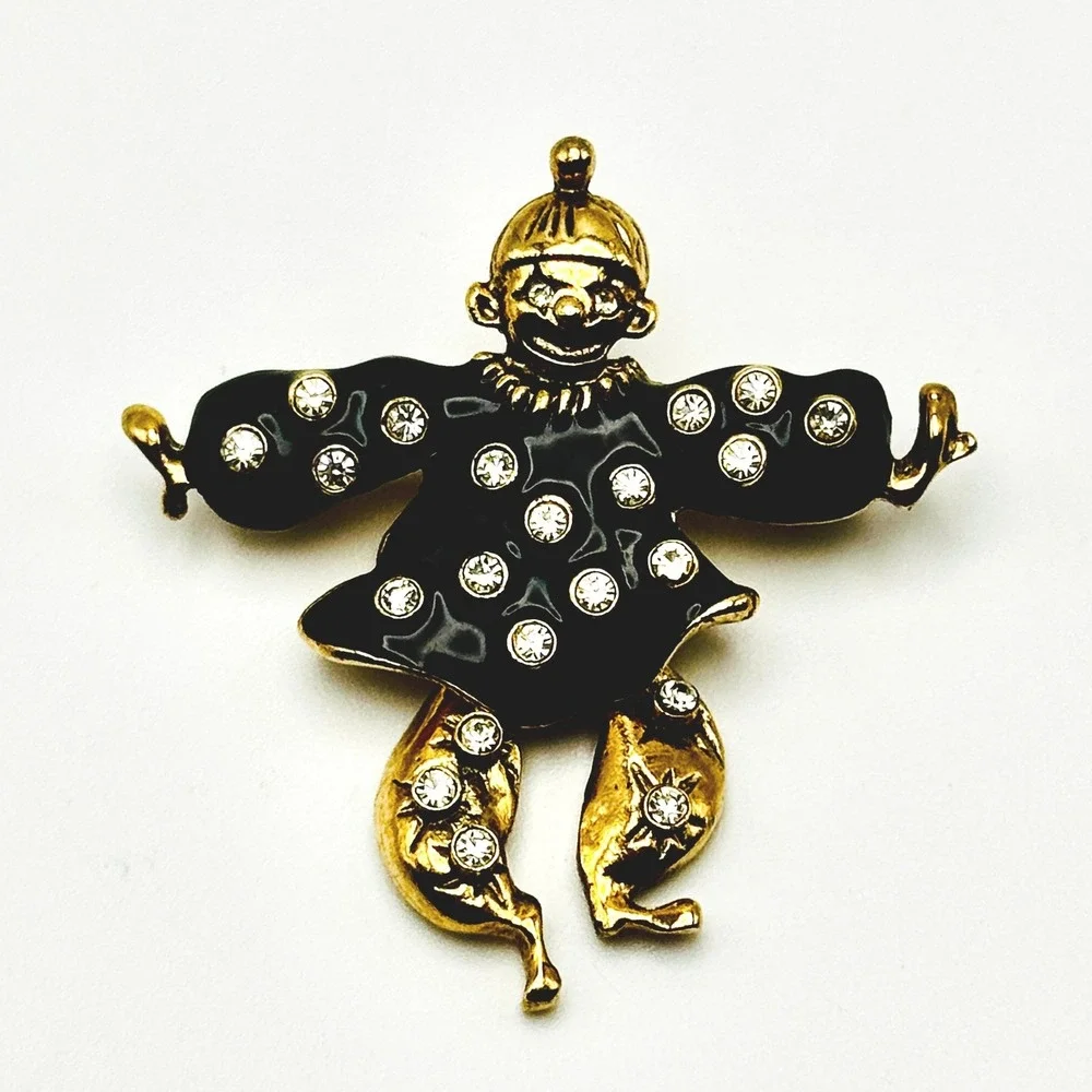 Vintage Black Enamel Articulated Rhinestone Dancing Clown Brooch Pin Whimsical